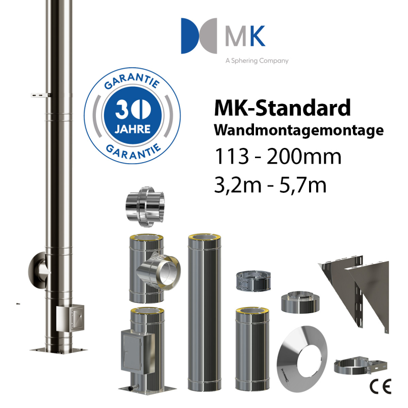Edelstahlschornstein Bausatz MK STANDARD 3,2 – 5,7m 113 – 200mm Wandmontage