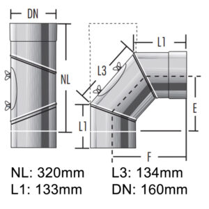 Raab Alkon Edelstahl Rohr DN160mm Bogen mit Tür0-90° verstellbar 3-teilig einwandig. 0,6mm 2. Wahl evtl. Lagerspuren.