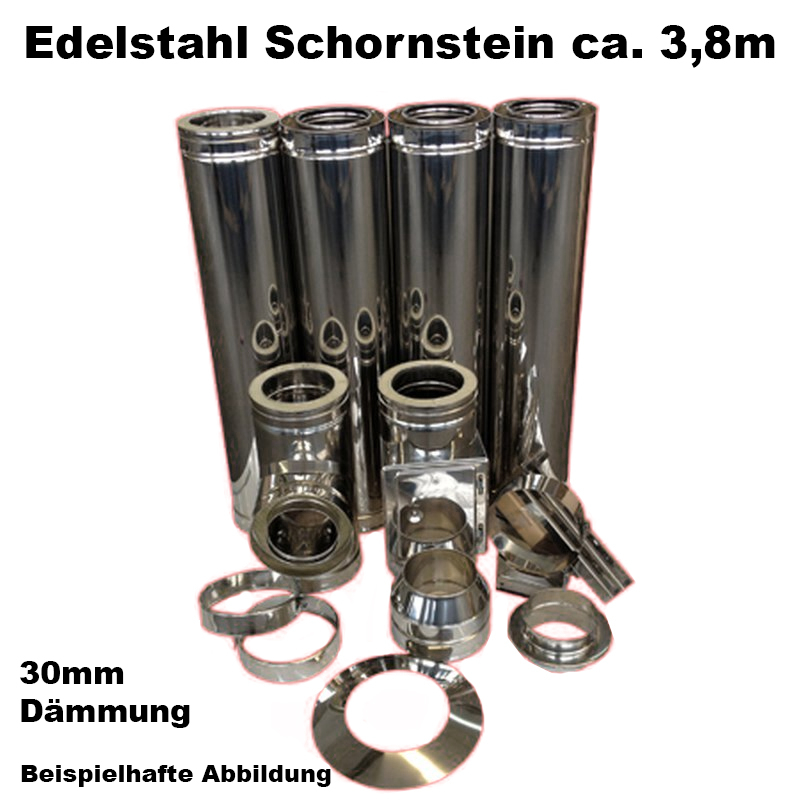 Schornstein-Set Edelstahl DN 130 mm doppelwandig Länge ca. 3,8m Wandmontage ohne Montage Material DW6